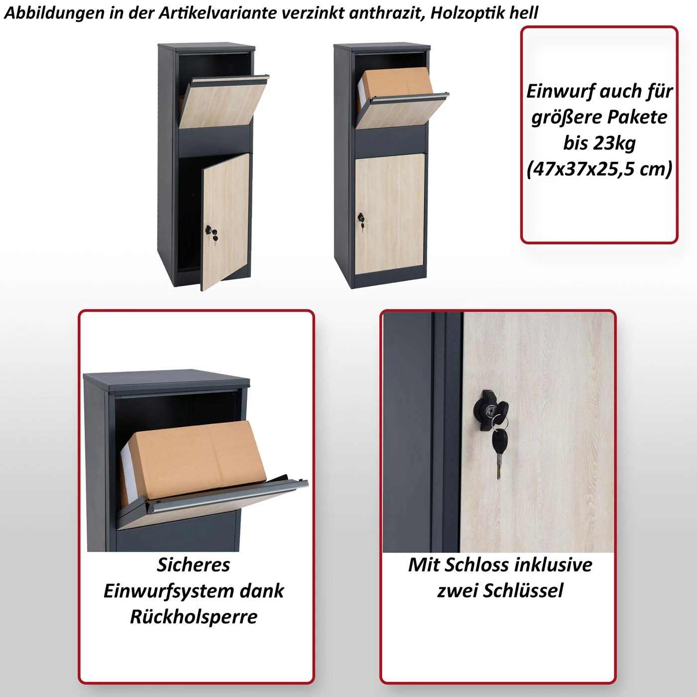 Paketkasten MCW-G80, Paketbox Standbriefkasten Paketbriefkasten Größe XL ~ Verzinkt Anthrazit-weiß 2 Paketkasten MCW-G80, Paketbox Standbriefkasten Paketbriefkasten Größe XL ~ Verzinkt Anthrazit-weiß – Bild 2