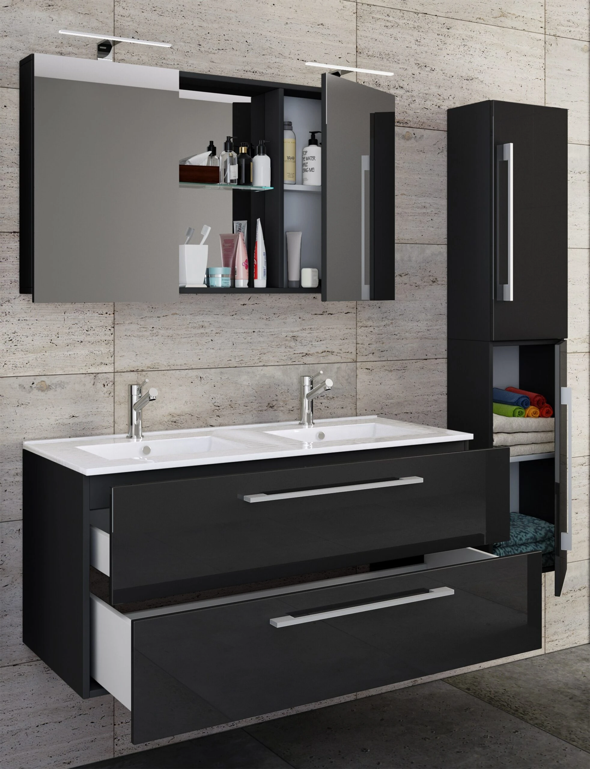 VCM 4-tlg. Doppel Waschplatz 2 Waschtisch Badmöbel Set Waschbecken Budasi SC 3 VCM 4-tlg. Doppel Waschplatz 2 Waschtisch Badmöbel Set Waschbecken Budasi SC – Bild 3