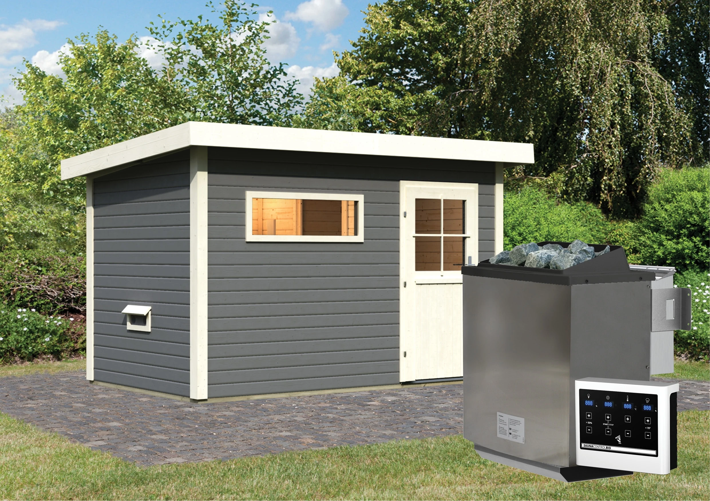 Karibu Saunahaus "Ondo" 1 SET Terragrau Mit Ofen 9 KW Bio Ext. Strg, Kabel, Dachfolie, Fenster 2 Karibu Saunahaus "Ondo" 1 SET Terragrau Mit Ofen 9 KW Bio Ext. Strg, Kabel, Dachfolie, Fenster – Bild 2