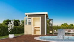 Karibu Saunahaus "Ekiti" SET Terragrau Mit Ofen 9 KW Bio Ext. Strg., Kabel, Dachfolie