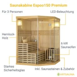 Artsauna Saunakabine Espoo150 Premium Mit Harvia Ofen – 3 Personen – Hemlock Holz & Glasfront -Black & Decker 8600348200 74518977 prod 003