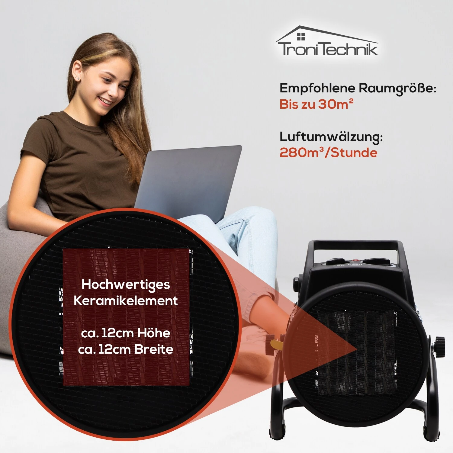 Tronitechnik KH-503 Keramikheizer Heizlüfter Heizung 3.000 Watt, Mit Tragegriff, PTC Keramik, Stufenlose Thermosteuerung 6 Tronitechnik KH-503 Keramikheizer Heizlüfter Heizung 3.000 Watt, Mit Tragegriff, PTC Keramik, Stufenlose Thermosteuerung – Bild 6