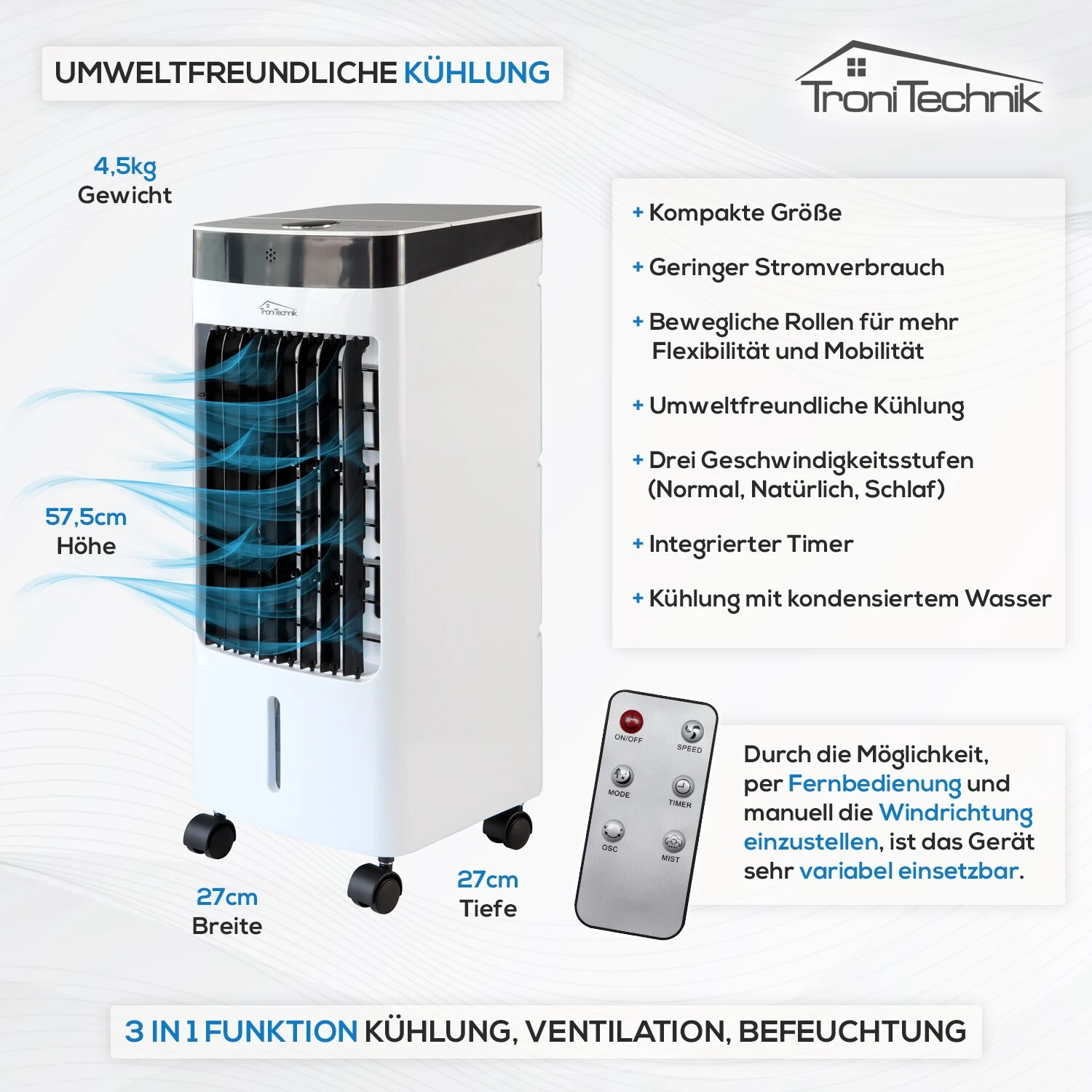 TroniTechnik Mobiles Klimagerät 3in1 Klimaanlage Luftkühler LK04 Ventilator, Inkl. Fernbedienung Und Filter 3 TroniTechnik Mobiles Klimagerät 3in1 Klimaanlage Luftkühler LK04 Ventilator, Inkl. Fernbedienung Und Filter – Bild 3