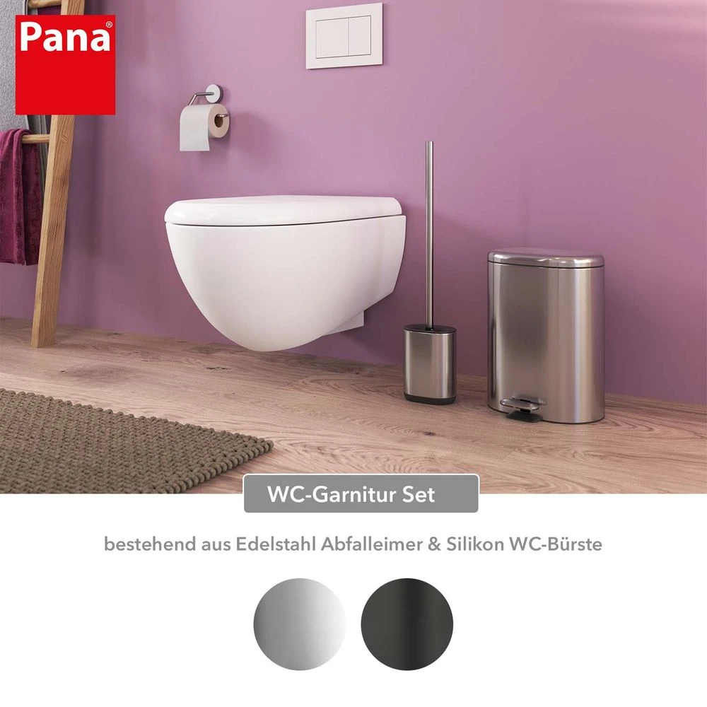 PANA® 2-tlg. WC Garnitur Set • Badezimmer Set 2-teilig • WC-Abfalleimer/Kosmetikeimer 6 L Mit Absenkautomatik Aus Edelstahl • Toilettenbürste/WC Bürste Mit Silikonkopf • Klobürste Edelstahl • Abfall Müll Eimer Mit Absenkautomatik Bad 2 PANA® 2-tlg. WC Garnitur Set • Badezimmer Set 2-teilig • WC-Abfalleimer/Kosmetikeimer 6 L Mit Absenkautomatik Aus Edelstahl • Toilettenbürste/WC Bürste Mit Silikonkopf • Klobürste Edelstahl • Abfall Müll Eimer Mit Absenkautomatik Bad – Bild 2