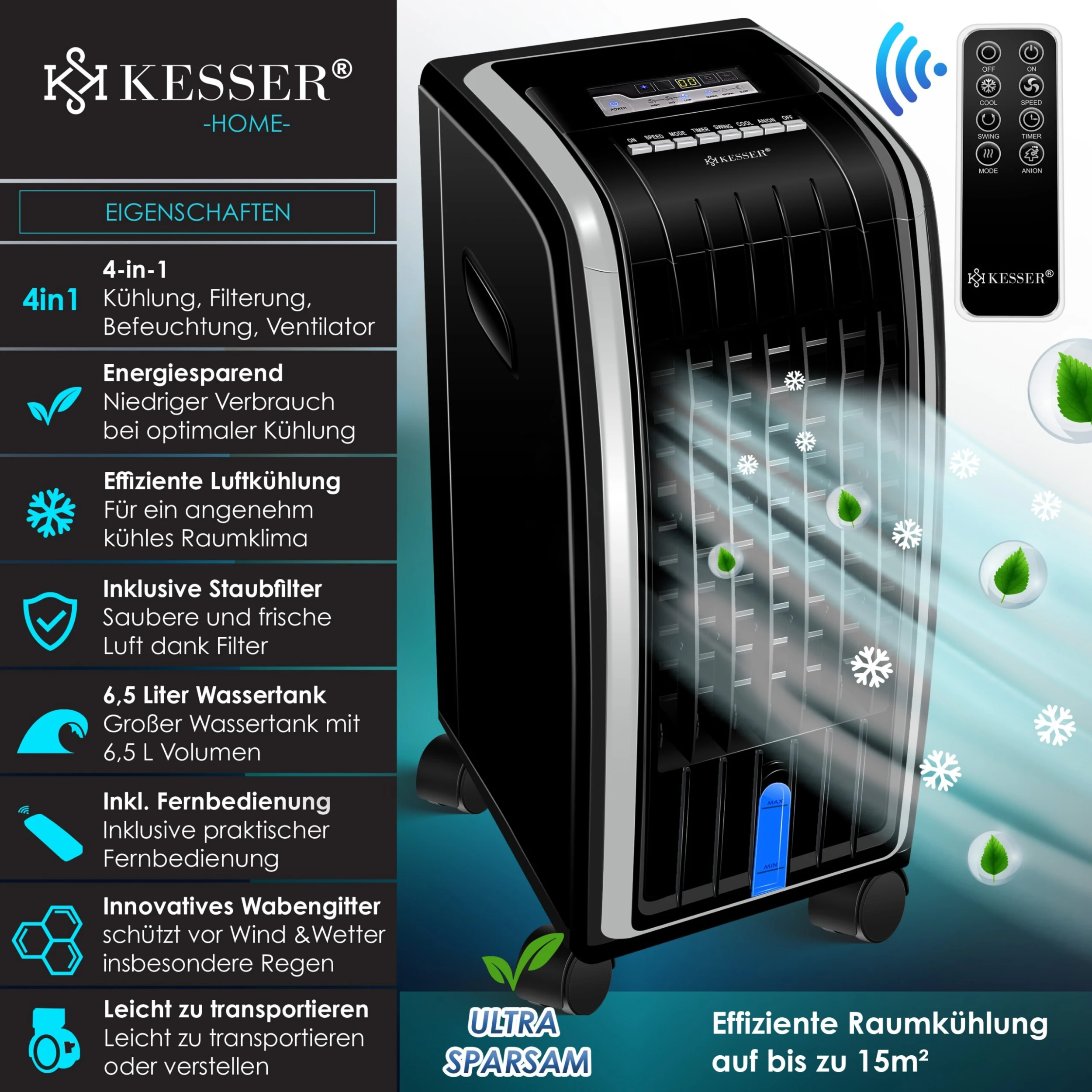 KESSER® 4in1 Mobile Klimaanlage | Fernbedienung | Klimagerät | Ventilator Klimaanlage | 7 L Tank | Timer | 3 Stufen | Ionisator Luftbefeuchter | Luftkühler | 2 KESSER® 4in1 Mobile Klimaanlage | Fernbedienung | Klimagerät | Ventilator Klimaanlage | 7 L Tank | Timer | 3 Stufen | Ionisator Luftbefeuchter | Luftkühler | – Bild 2