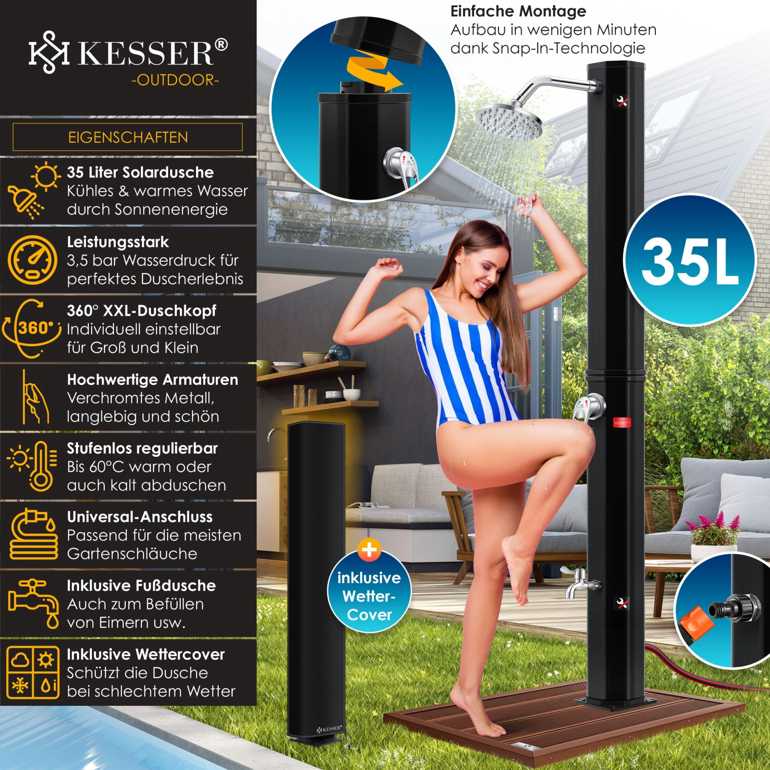 KESSER® Solardusche 35 Liter Solar Gartendusche | Warmes Wasser | Max. 60°C | Ohne Stromanschluss | Pooldusche Camping| Regenduschkopf Und Wasserhahn | Gartenschlauch-Anschluss | 2 KESSER® Solardusche 35 Liter Solar Gartendusche | Warmes Wasser | Max. 60°C | Ohne Stromanschluss | Pooldusche Camping| Regenduschkopf Und Wasserhahn | Gartenschlauch-Anschluss | – Bild 2