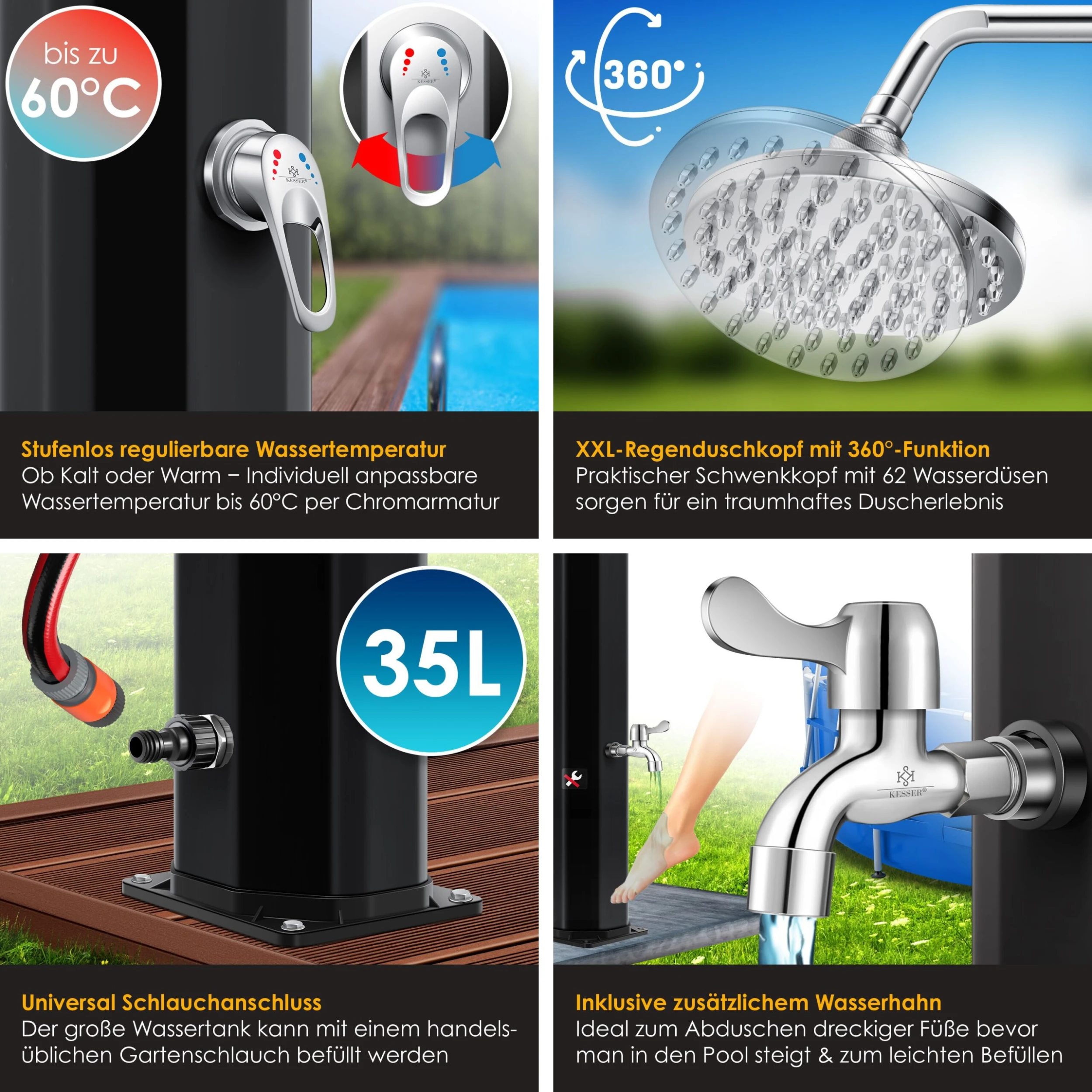 KESSER® Solardusche 35 Liter Solar Gartendusche | Warmes Wasser | Max. 60°C | Ohne Stromanschluss | Pooldusche Camping| Regenduschkopf Und Wasserhahn | Gartenschlauch-Anschluss | 3 KESSER® Solardusche 35 Liter Solar Gartendusche | Warmes Wasser | Max. 60°C | Ohne Stromanschluss | Pooldusche Camping| Regenduschkopf Und Wasserhahn | Gartenschlauch-Anschluss | – Bild 3