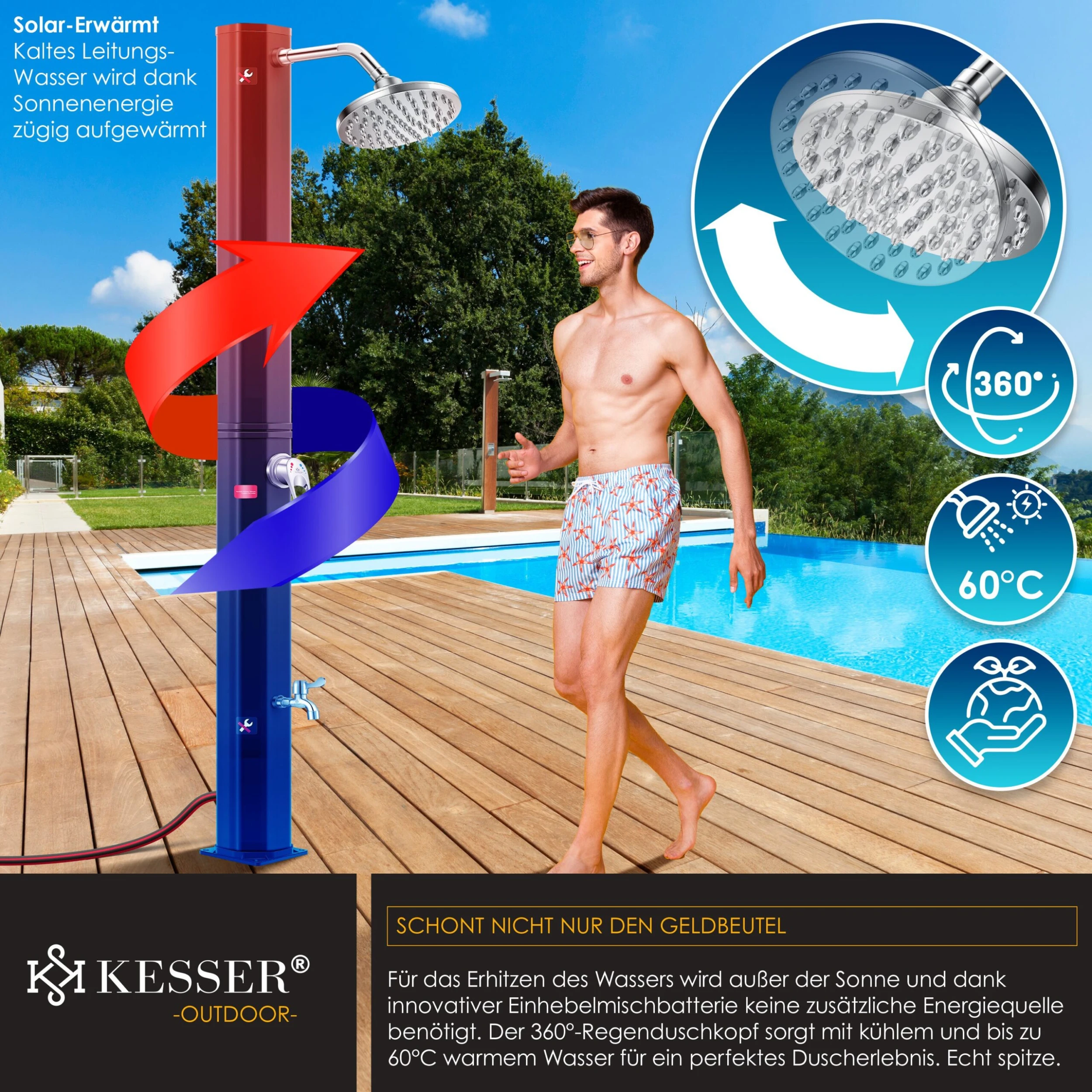 KESSER® Solardusche 35 Liter Solar Gartendusche | Warmes Wasser | Max. 60°C | Ohne Stromanschluss | Pooldusche Camping| Regenduschkopf Und Wasserhahn | Gartenschlauch-Anschluss | 4 KESSER® Solardusche 35 Liter Solar Gartendusche | Warmes Wasser | Max. 60°C | Ohne Stromanschluss | Pooldusche Camping| Regenduschkopf Und Wasserhahn | Gartenschlauch-Anschluss | – Bild 4