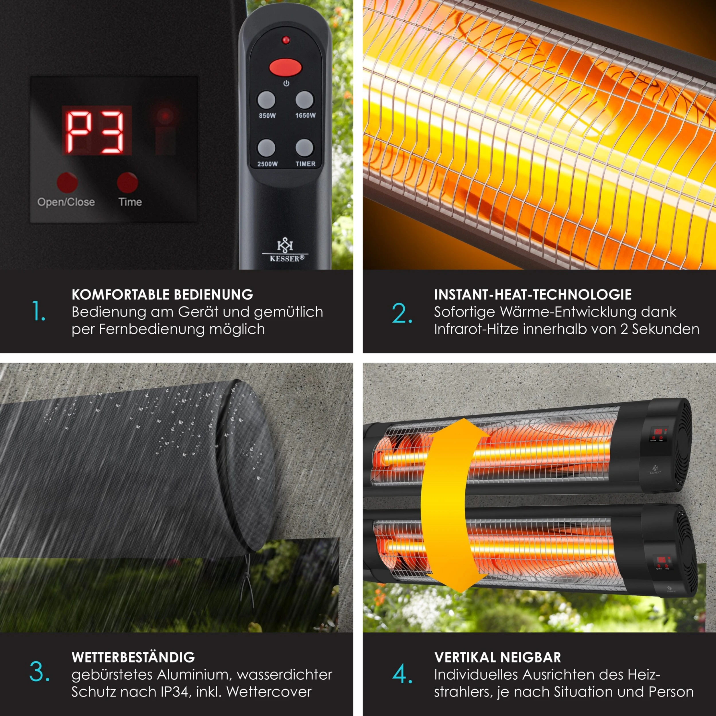 KESSER® Infrarotstrahler 2500 Watt Infrarot Heizstrahler Mit Fernbedienung Terrassenstrahler Inkl. Schutzhülle Wärmestrahler Quarzstrahler , Wandhalterung Terrassenheizer 3 KESSER® Infrarotstrahler 2500 Watt Infrarot Heizstrahler Mit Fernbedienung Terrassenstrahler Inkl. Schutzhülle Wärmestrahler Quarzstrahler , Wandhalterung Terrassenheizer – Bild 3