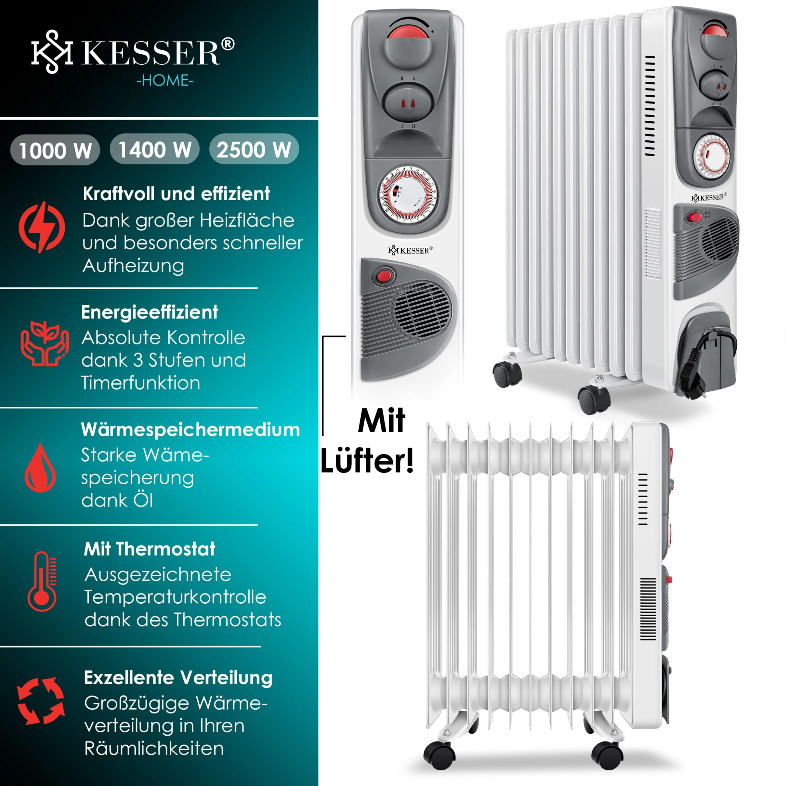 KESSER® Ölradiator - Elektrische Heizung 2500W Öl Radiator Elektroheizung Mobil Timer Lüfter Abschaltautomatik Stufenlose Temperaturregelung Überhitzungsschutz 3 KESSER® Ölradiator - Elektrische Heizung 2500W Öl Radiator Elektroheizung Mobil Timer Lüfter Abschaltautomatik Stufenlose Temperaturregelung Überhitzungsschutz – Bild 3
