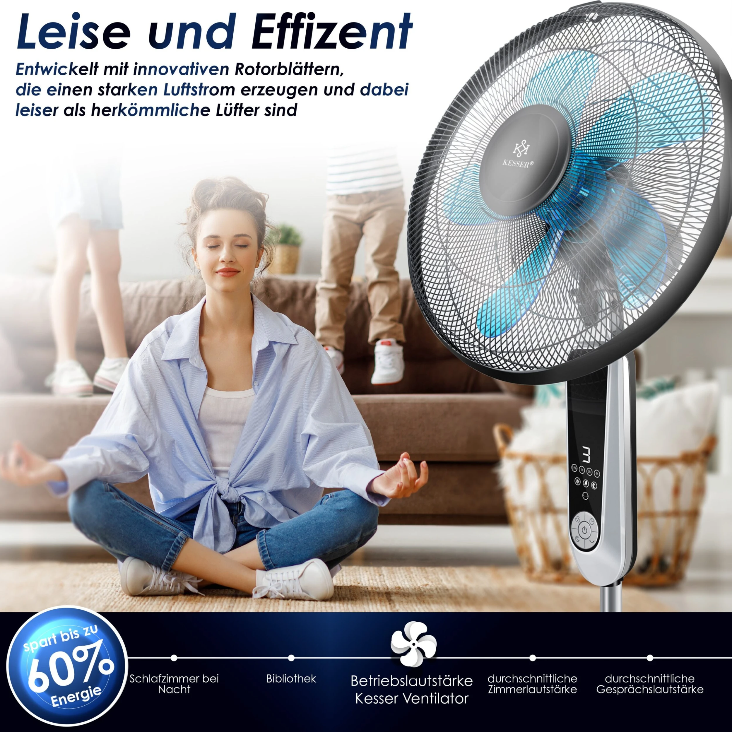 KESSER® - Standventilator Mit Fernbedienung Und Display Led - Timer Leise Oszillation 80 Grad - 60 Watt - Ventilator Höhenverstellbarer 115 - 134 Cm - Kopf 35 Grad Neigbar - 3 Geschwindigkeiten 3 KESSER® - Standventilator Mit Fernbedienung Und Display Led - Timer Leise Oszillation 80 Grad - 60 Watt - Ventilator Höhenverstellbarer 115 - 134 Cm - Kopf 35 Grad Neigbar - 3 Geschwindigkeiten – Bild 3