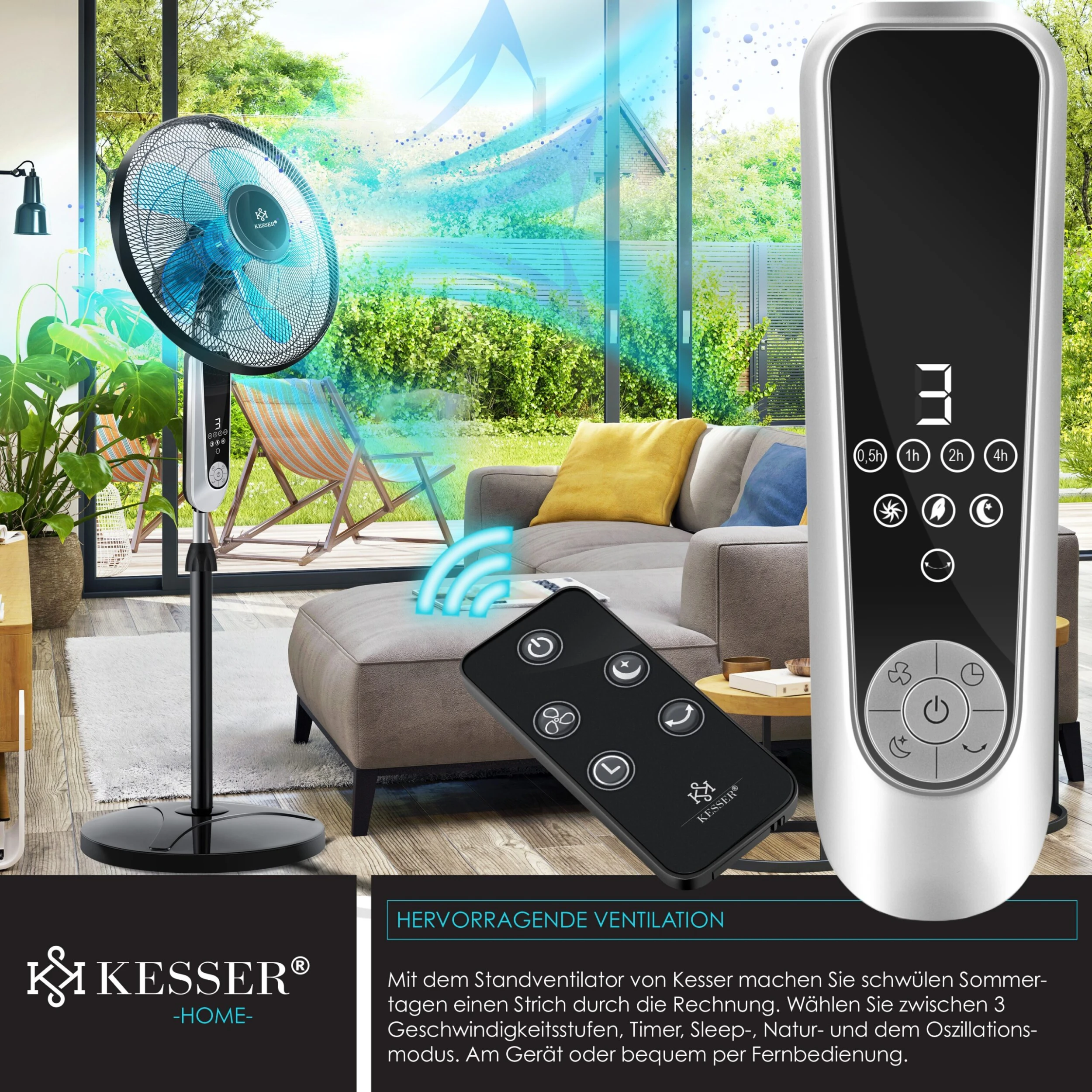 KESSER® - Standventilator Mit Fernbedienung Und Display Led - Timer Leise Oszillation 80 Grad - 60 Watt - Ventilator Höhenverstellbarer 115 - 134 Cm - Kopf 35 Grad Neigbar - 3 Geschwindigkeiten 4 KESSER® - Standventilator Mit Fernbedienung Und Display Led - Timer Leise Oszillation 80 Grad - 60 Watt - Ventilator Höhenverstellbarer 115 - 134 Cm - Kopf 35 Grad Neigbar - 3 Geschwindigkeiten – Bild 4