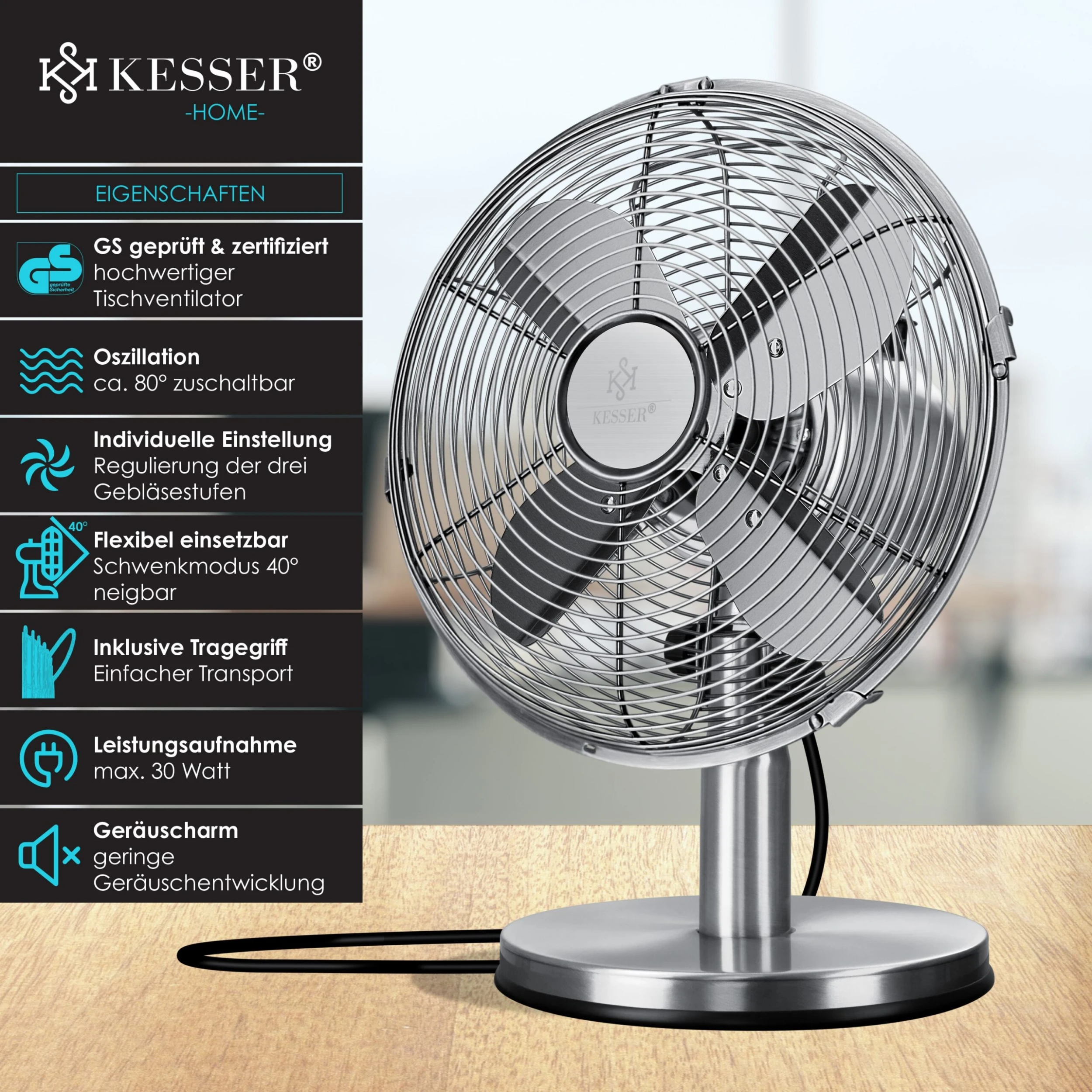 KESSER® - Tischventilator Design Retro Voll-Metallgehäuse 80° Oszillation - Leise Ventilator Mit 3 Geschwindigkeitsstufen - Zuschaltbare | Windmaschine | Neigungswinkel Ca. 40° Metall 2 KESSER® - Tischventilator Design Retro Voll-Metallgehäuse 80° Oszillation - Leise Ventilator Mit 3 Geschwindigkeitsstufen - Zuschaltbare | Windmaschine | Neigungswinkel Ca. 40° Metall – Bild 2