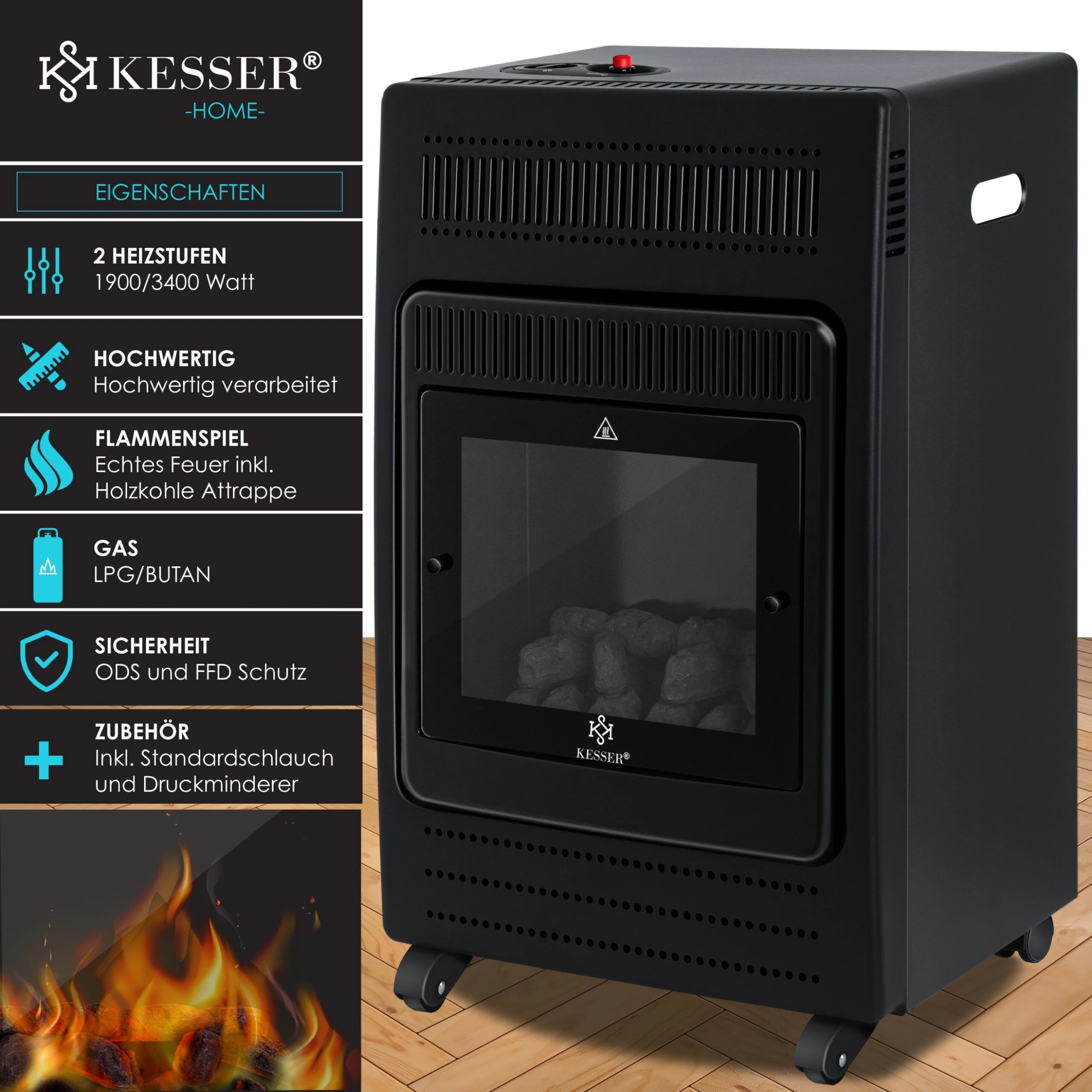 KESSER® Gasheizer Gasheizofen Heizstrahler 3,4 KW Gas Kamin Inkl. Gasdruckregler & Gasschlauch 2 Heizstufen Infrarot 3400W Gasheizstrahler Gasheizung Butan- Oder Propangasflaschen Bis 11kg Schwarz 2 KESSER® Gasheizer Gasheizofen Heizstrahler 3,4 KW Gas Kamin Inkl. Gasdruckregler & Gasschlauch 2 Heizstufen Infrarot 3400W Gasheizstrahler Gasheizung Butan- Oder Propangasflaschen Bis 11kg Schwarz – Bild 2