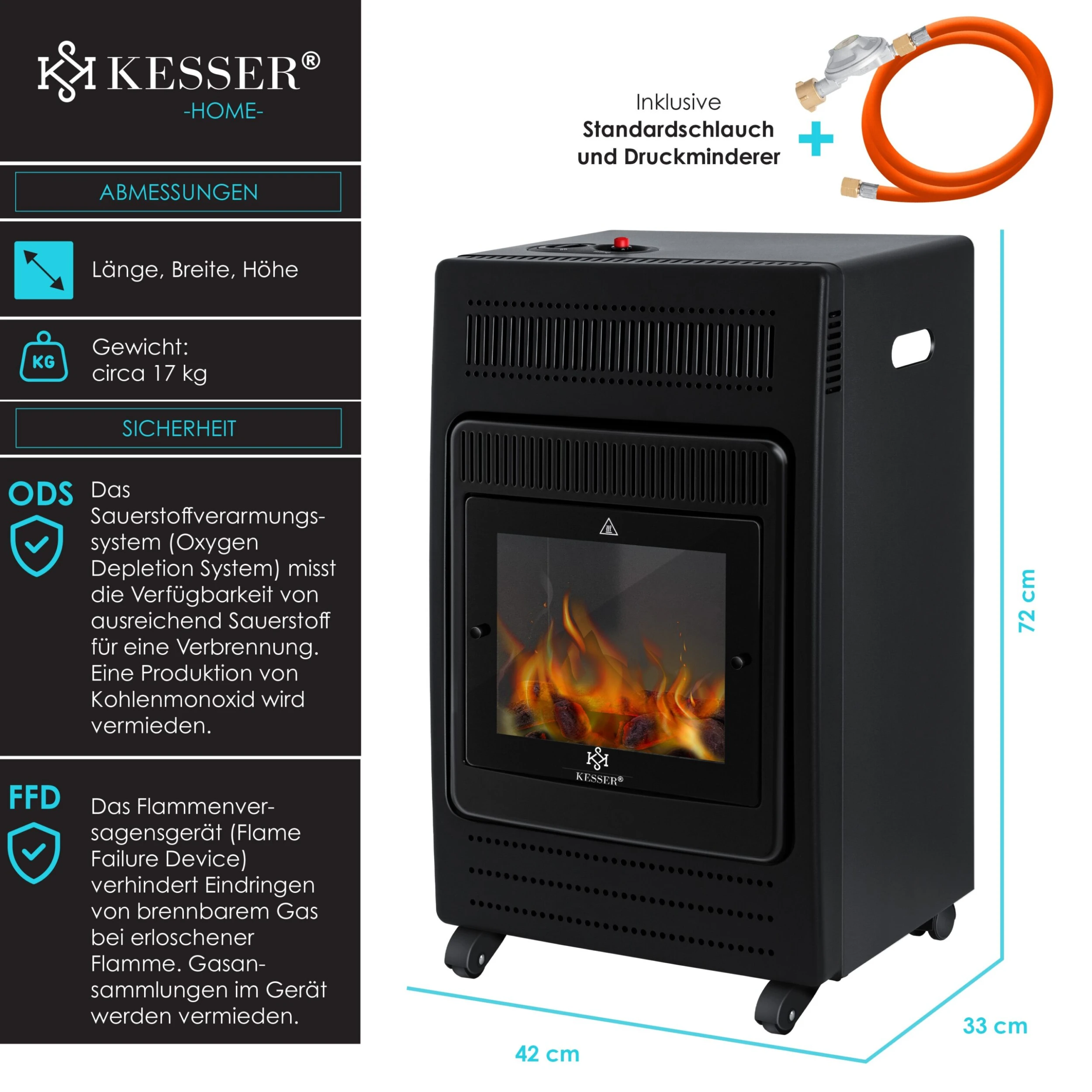 KESSER® Gasheizer Gasheizofen Heizstrahler 3,4 KW Gas Kamin Inkl. Gasdruckregler & Gasschlauch 2 Heizstufen Infrarot 3400W Gasheizstrahler Gasheizung Butan- Oder Propangasflaschen Bis 11kg Schwarz 6 KESSER® Gasheizer Gasheizofen Heizstrahler 3,4 KW Gas Kamin Inkl. Gasdruckregler & Gasschlauch 2 Heizstufen Infrarot 3400W Gasheizstrahler Gasheizung Butan- Oder Propangasflaschen Bis 11kg Schwarz – Bild 6