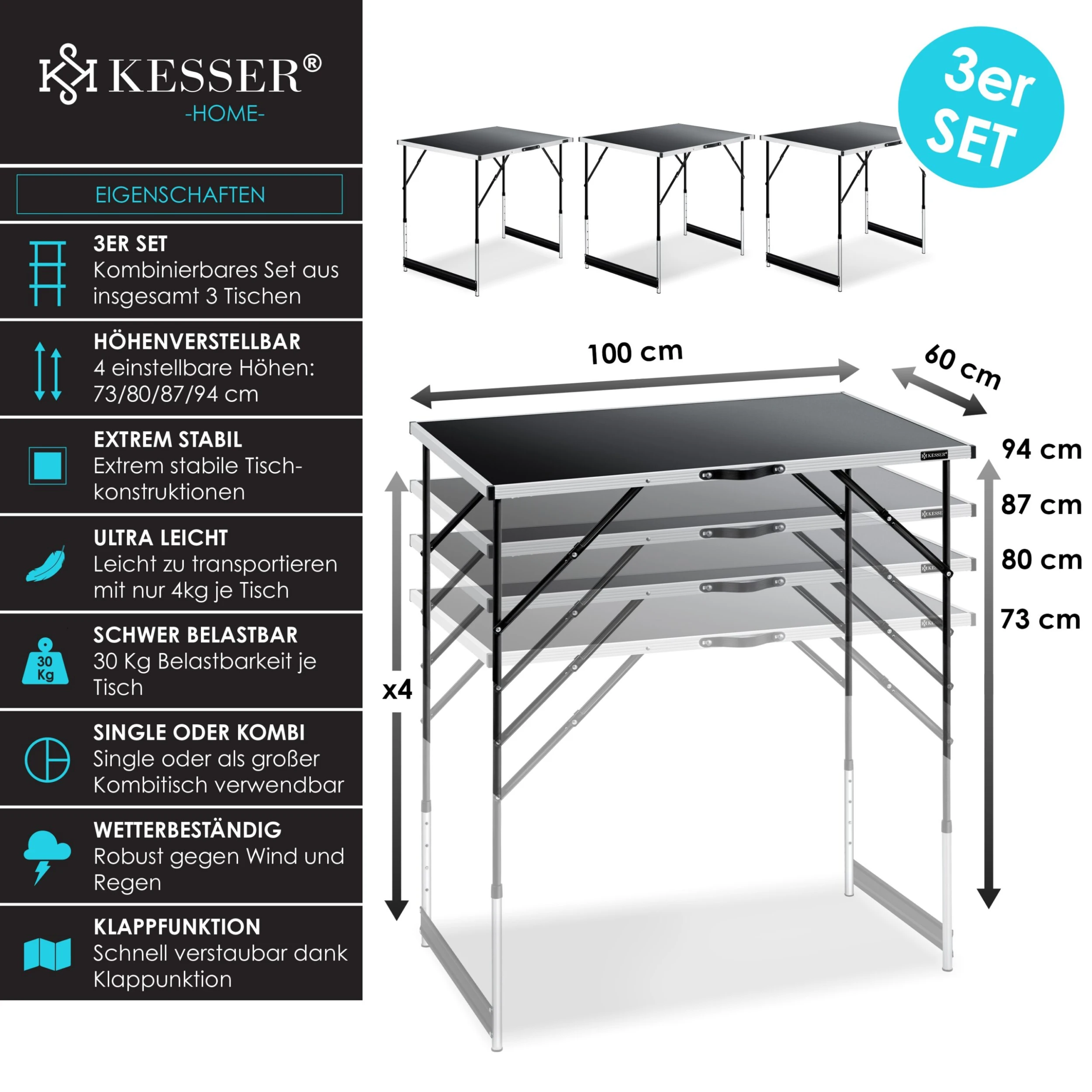 KESSER® Multifunktionstisch Profi 3- Teilig, 100 X 60 Cm, Tapeziertisch 30kg Tragkraft Je Tisch Mit Ausziehfunktion Klapptisch Flohmarktisch Beistelltisch Mehrzwecktisch Campingtisch Höhenverstellbar 2 KESSER® Multifunktionstisch Profi 3- Teilig, 100 X 60 Cm, Tapeziertisch 30kg Tragkraft Je Tisch Mit Ausziehfunktion Klapptisch Flohmarktisch Beistelltisch Mehrzwecktisch Campingtisch Höhenverstellbar – Bild 2