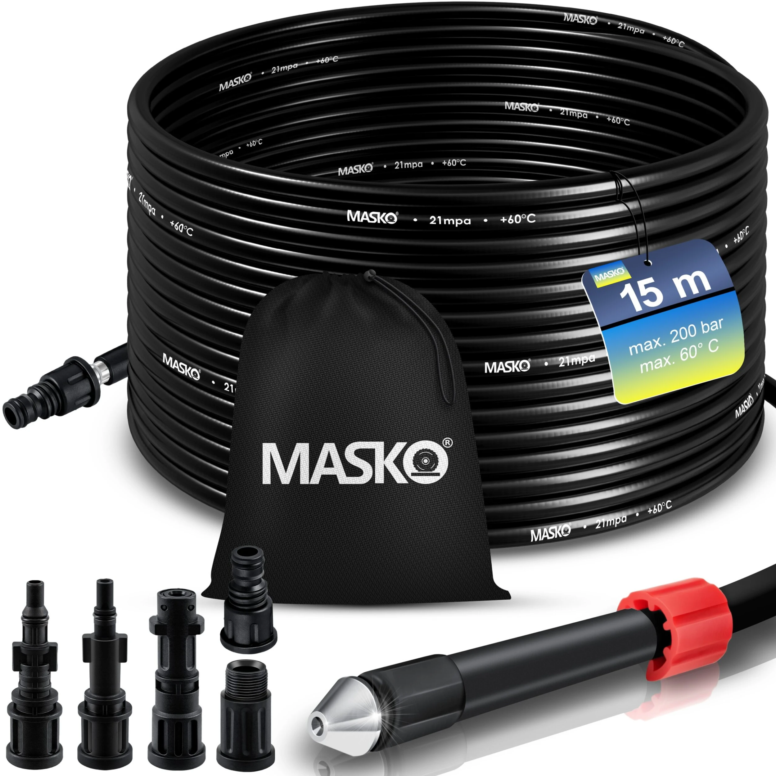 MASKO® Rohrreinigungsschlauch Set Abflussreiniger 200 Bar Inkl. Tasche 5 Adapter Düsen + Rotierend Kompatibel Mit Kärcher K2-k7 Serie LAVOR Hochdruckreiniger Universal Rohrreinigungsset 1 MASKO® Rohrreinigungsschlauch Set Abflussreiniger 200 Bar Inkl. Tasche 5 Adapter Düsen + Rotierend Kompatibel Mit Kärcher K2-k7 Serie LAVOR Hochdruckreiniger Universal Rohrreinigungsset