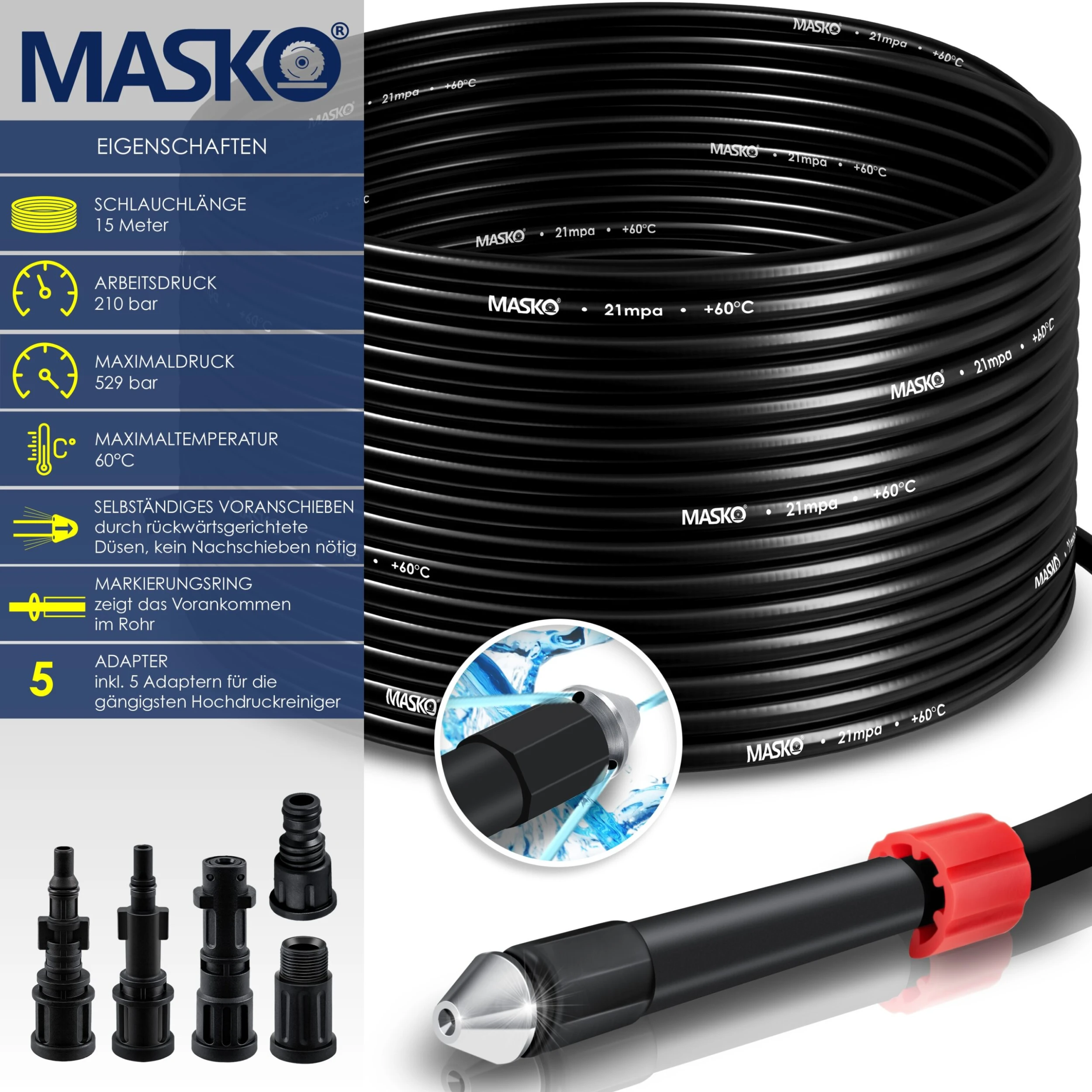 MASKO® Rohrreinigungsschlauch Set Abflussreiniger 200 Bar Inkl. Tasche 5 Adapter Düsen + Rotierend Kompatibel Mit Kärcher K2-k7 Serie LAVOR Hochdruckreiniger Universal Rohrreinigungsset 2 MASKO® Rohrreinigungsschlauch Set Abflussreiniger 200 Bar Inkl. Tasche 5 Adapter Düsen + Rotierend Kompatibel Mit Kärcher K2-k7 Serie LAVOR Hochdruckreiniger Universal Rohrreinigungsset – Bild 2