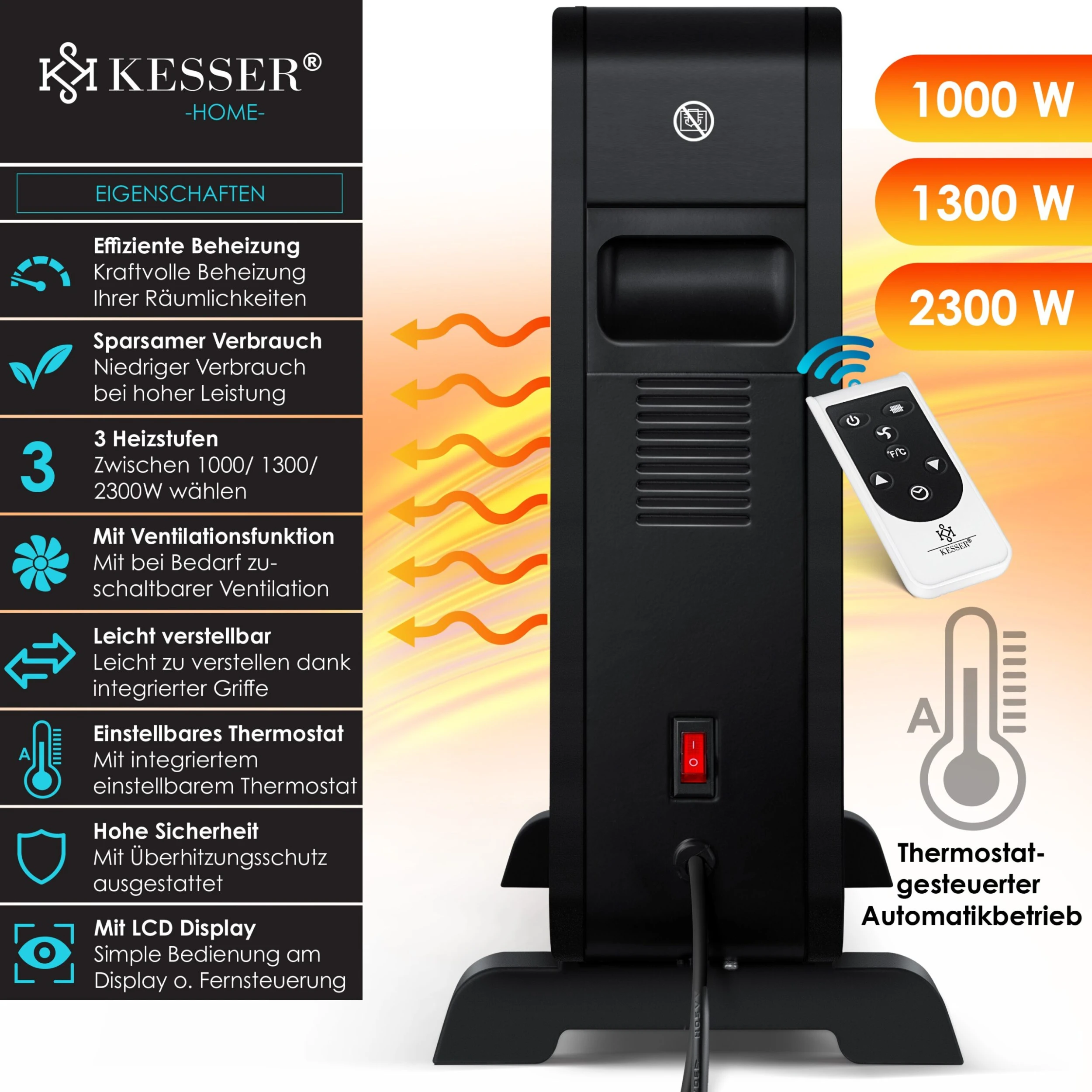 KESSER® Konvektor Premium 3 Leistungsstarke Heizstufen Inkl. Fernbedienung Integriertes Thermostat Elektroheizung LCD-Display Timer Mobiles Heizgerät Energiesparend Überhitzungsschutz 2 KESSER® Konvektor Premium 3 Leistungsstarke Heizstufen Inkl. Fernbedienung Integriertes Thermostat Elektroheizung LCD-Display Timer Mobiles Heizgerät Energiesparend Überhitzungsschutz – Bild 2