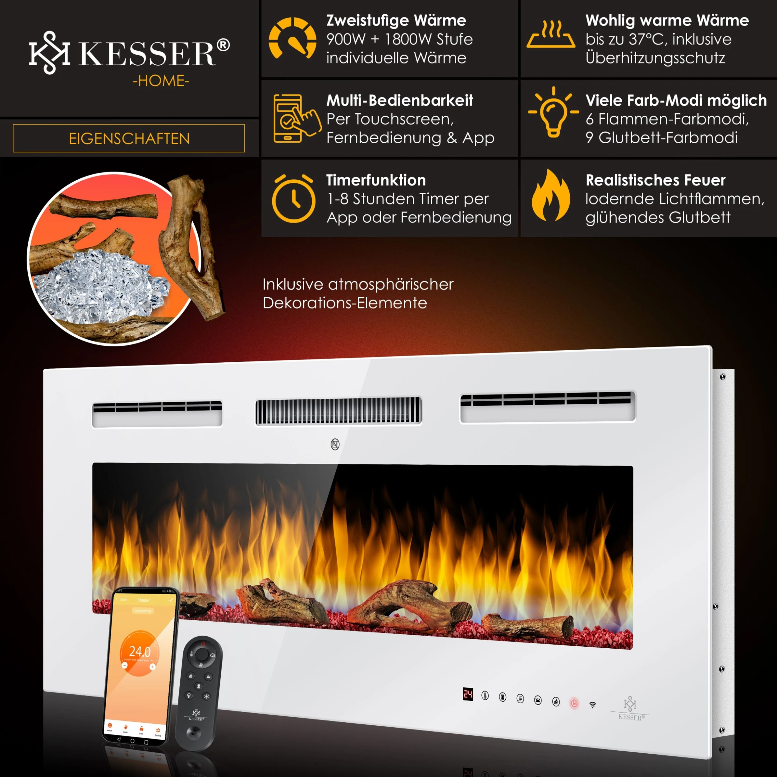 KESSER® Elektrokamin Wandkamin Elektrischer Kamin Mit Heizung 9 Farbmodi LED Flammeneffekt, 900/1800 W Kaminofen Wand Und Einbaukamin Wandmontage Heizung App-Funktion Fernbedienung Touchscreen 2 KESSER® Elektrokamin Wandkamin Elektrischer Kamin Mit Heizung 9 Farbmodi LED Flammeneffekt, 900/1800 W Kaminofen Wand Und Einbaukamin Wandmontage Heizung App-Funktion Fernbedienung Touchscreen – Bild 2