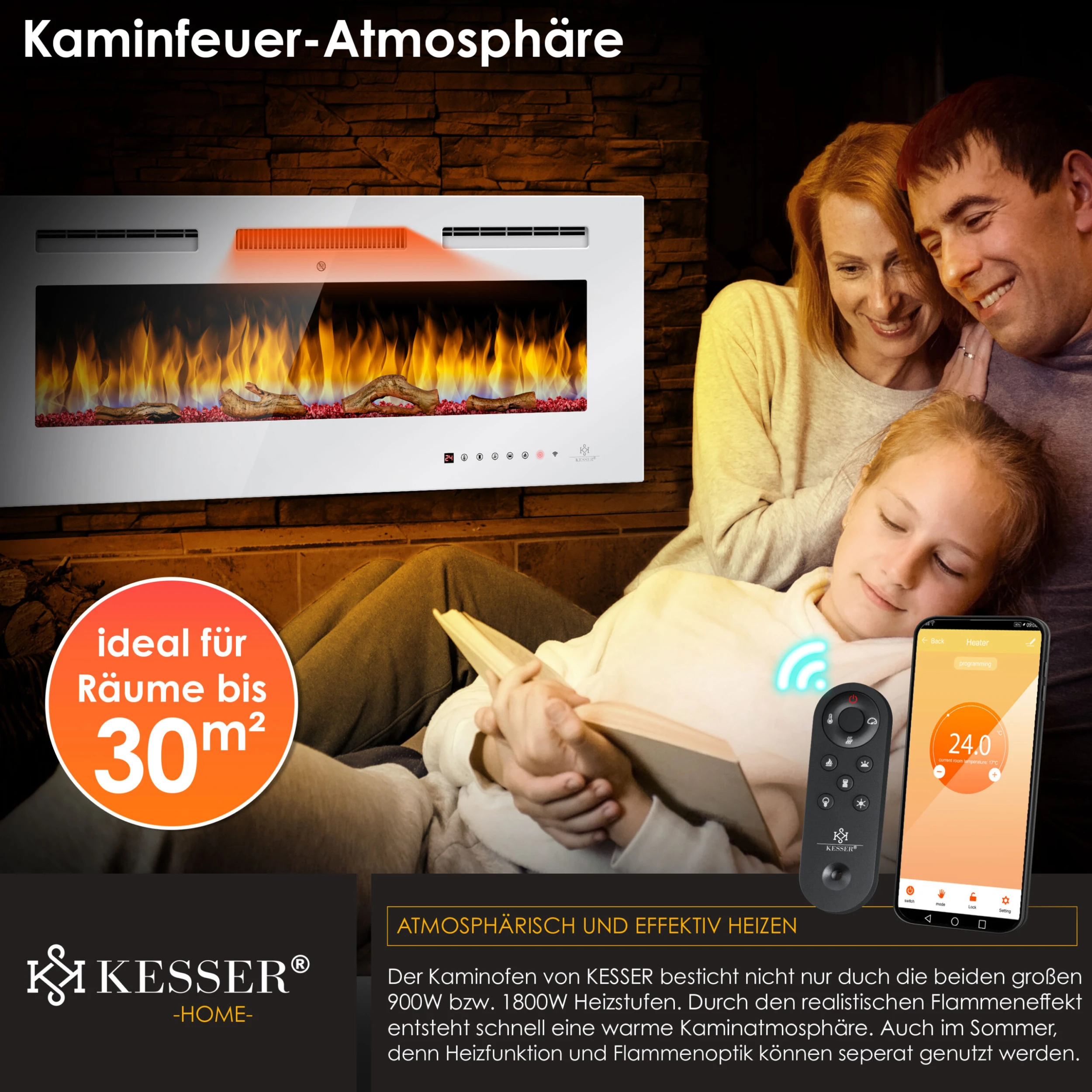 KESSER® Elektrokamin Wandkamin Elektrischer Kamin Mit Heizung 9 Farbmodi LED Flammeneffekt, 900/1800 W Kaminofen Wand Und Einbaukamin Wandmontage Heizung App-Funktion Fernbedienung Touchscreen 4 KESSER® Elektrokamin Wandkamin Elektrischer Kamin Mit Heizung 9 Farbmodi LED Flammeneffekt, 900/1800 W Kaminofen Wand Und Einbaukamin Wandmontage Heizung App-Funktion Fernbedienung Touchscreen – Bild 4