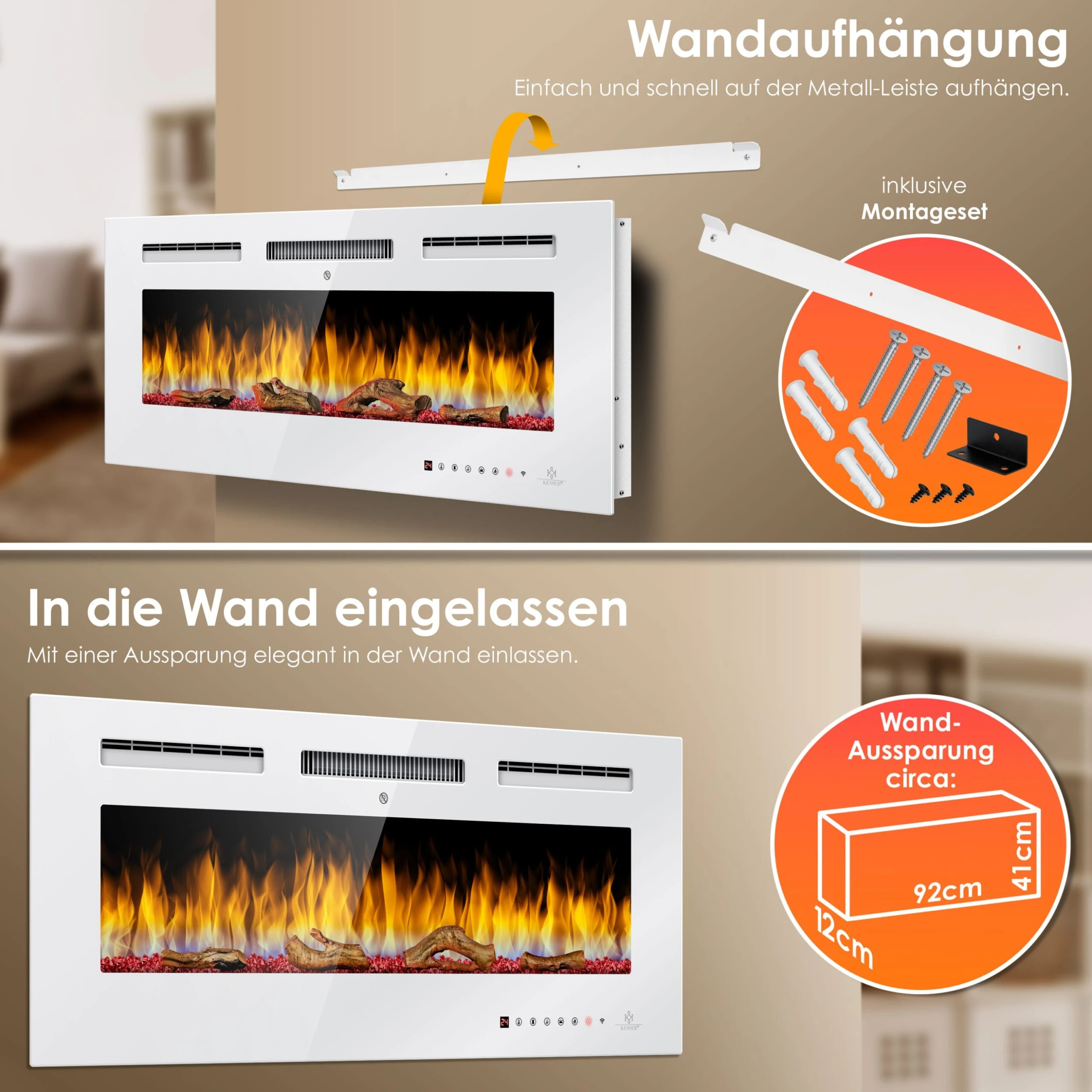 KESSER® Elektrokamin Wandkamin Elektrischer Kamin Mit Heizung 9 Farbmodi LED Flammeneffekt, 900/1800 W Kaminofen Wand Und Einbaukamin Wandmontage Heizung App-Funktion Fernbedienung Touchscreen 5 KESSER® Elektrokamin Wandkamin Elektrischer Kamin Mit Heizung 9 Farbmodi LED Flammeneffekt, 900/1800 W Kaminofen Wand Und Einbaukamin Wandmontage Heizung App-Funktion Fernbedienung Touchscreen – Bild 5