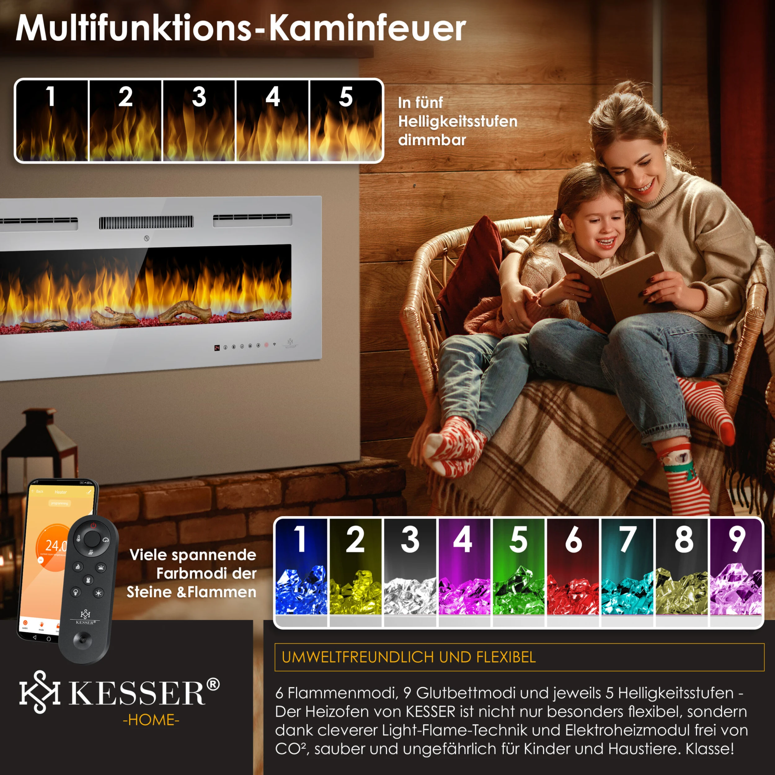 KESSER® Elektrokamin Wandkamin Elektrischer Kamin Mit Heizung 9 Farbmodi LED Flammeneffekt, 900/1800 W Kaminofen Wand Und Einbaukamin Wandmontage Heizung App-Funktion Fernbedienung Touchscreen 6 KESSER® Elektrokamin Wandkamin Elektrischer Kamin Mit Heizung 9 Farbmodi LED Flammeneffekt, 900/1800 W Kaminofen Wand Und Einbaukamin Wandmontage Heizung App-Funktion Fernbedienung Touchscreen – Bild 6