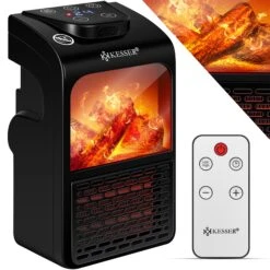 KESSER® Steckdosen Heizlüfter Energiesparend Mini Mit Kaminfeuereffekt Fernbedienung LCD Display Keramik Heizung Mit Thermostat 400W - Temperaturregelung Timer Büro Badezimmer Schlafzimmer