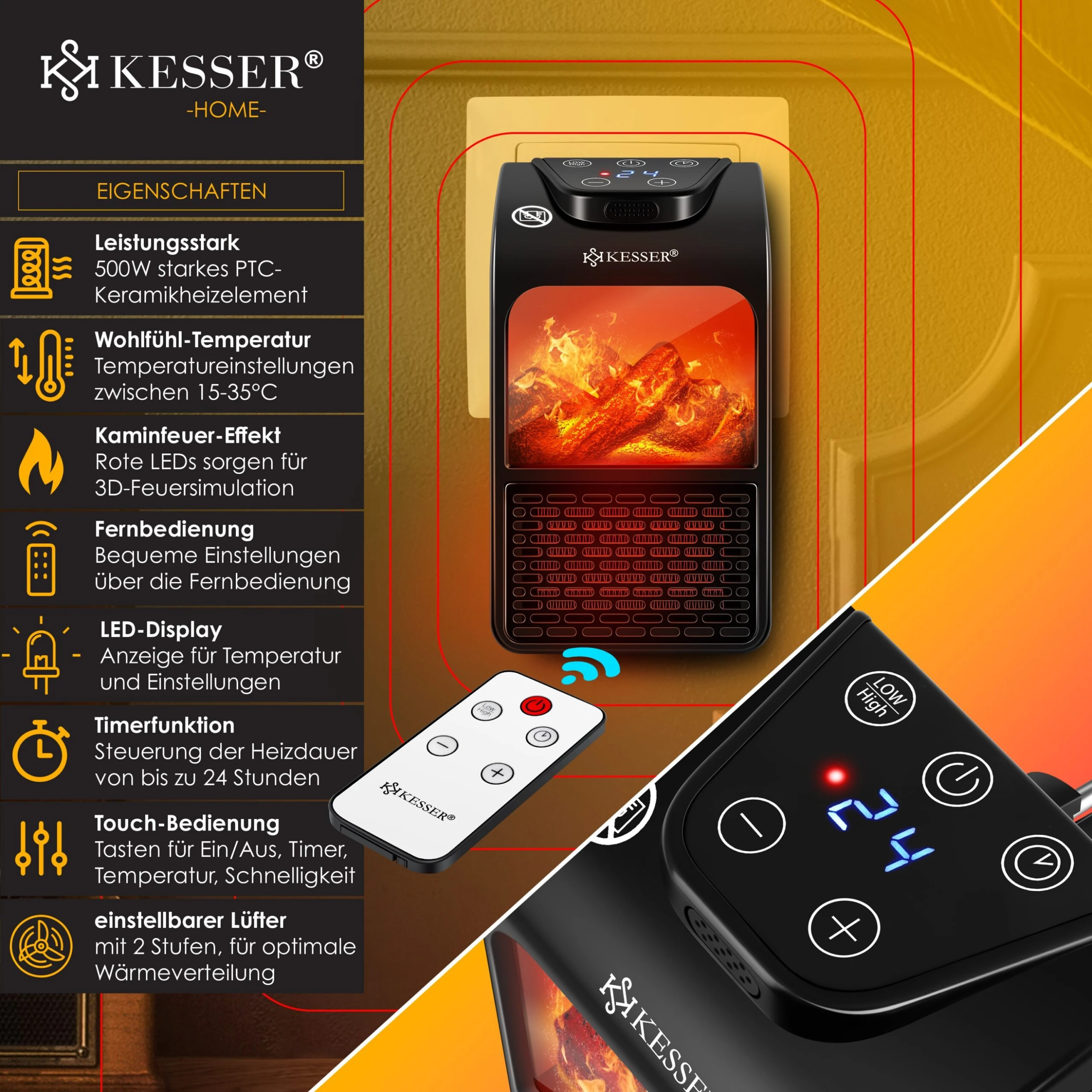 KESSER® Steckdosen Heizlüfter Energiesparend Mini Mit Kaminfeuereffekt Fernbedienung LCD Display Keramik Heizung Mit Thermostat 400W - Temperaturregelung Timer Büro Badezimmer Schlafzimmer 2 KESSER® Steckdosen Heizlüfter Energiesparend Mini Mit Kaminfeuereffekt Fernbedienung LCD Display Keramik Heizung Mit Thermostat 400W - Temperaturregelung Timer Büro Badezimmer Schlafzimmer – Bild 2