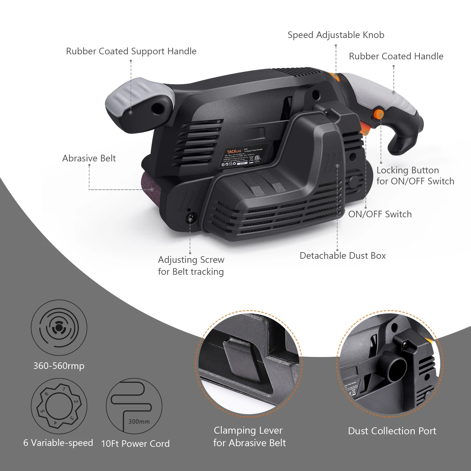 Tacklife B10, 5-Amp 3×18-Zoll-Bandschleifer Mit 13 Schleifbändern, Variabler Drehzahlregelung, Staubbox Und Vakuumadapter 3 Tacklife B10, 5-Amp 3×18-Zoll-Bandschleifer Mit 13 Schleifbändern, Variabler Drehzahlregelung, Staubbox Und Vakuumadapter – Bild 3